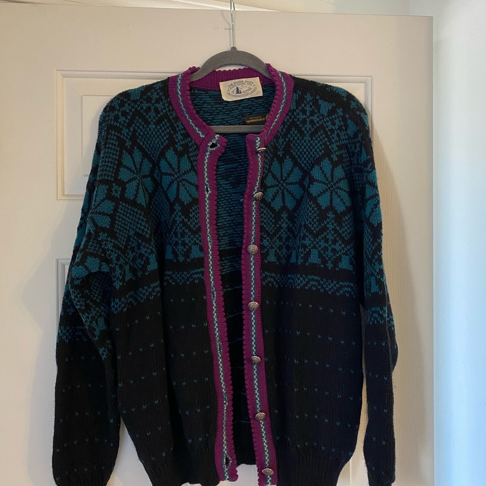Vintage 100% Wool Acadia National Park Fair Isle Sweater Cardigan Medium Unisex - Picture 4 of 8